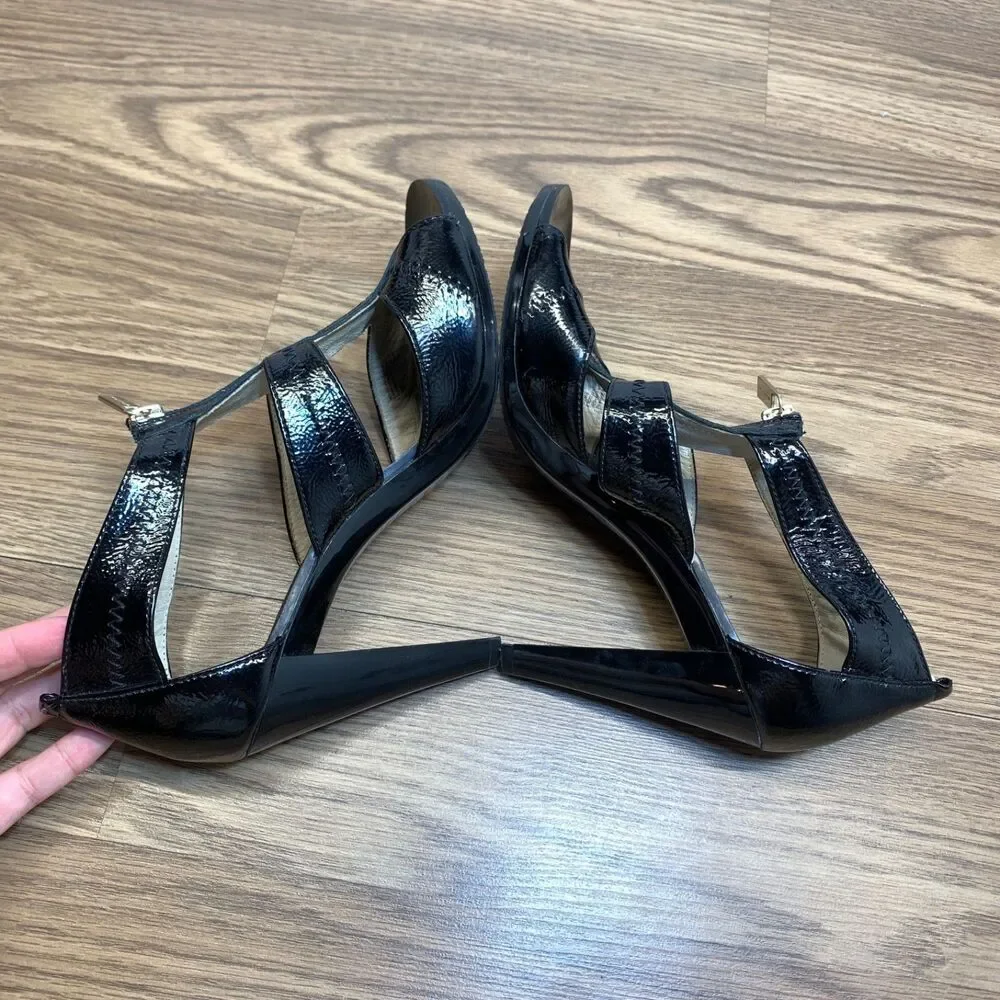 Michael Kors Berkley‎ T-Strap Dress Sandals Black Crinkle Patent Size 9M